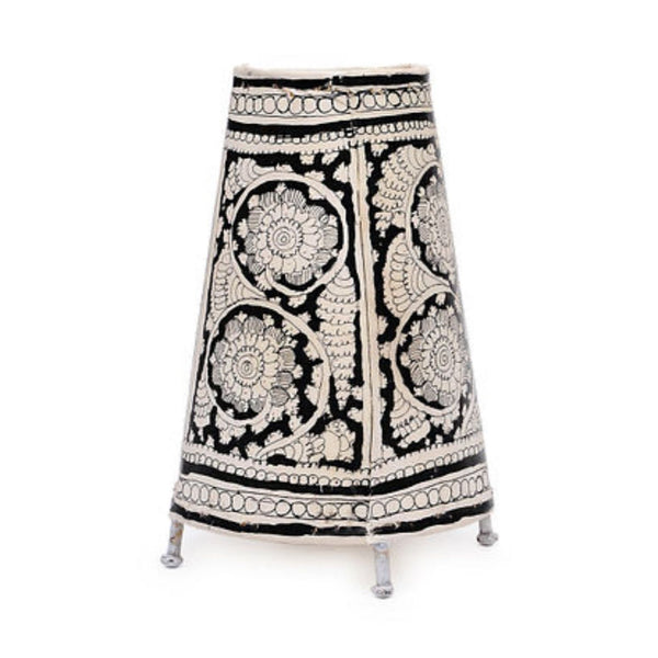 Indiehaat | Flower Kalamkari Handpainted Standing Round Leather Lamp | 9 Inch