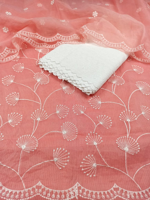 Kota Doria Embroidery Pink Suit Material with Matching Dupatta and Chikenkari White Bottom-Indiehaat