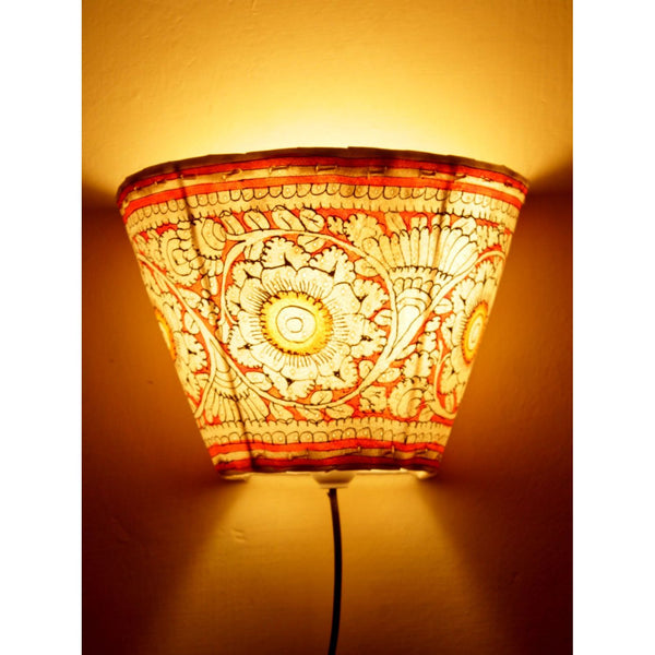 Indiehaat | Flower Kalamkari Handpainted Wall Mount Leather Lamp | 5.5 Inch