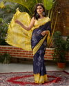 Kota Silk Saree Dark Purple & Pale Yellow Double Color Batik Print with running blouse - IndieHaat