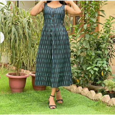 Pure Cotton Black Ikkat Handblock Printed Prestitched Dress (Size 34 to 46)-Indiehaat