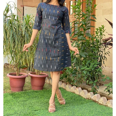 Pure Cotton Black Ikkat Handblock Printed Prestitched Dress (Size 34 to 46)-Indiehaat