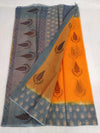 Kota Doria Handblock Printed Orange color Saree with blouse-Indiehaat