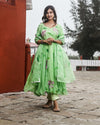 Organza Stitched Suit Pista Green Color Hand painted - IndieHaat