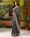 Slub Linen Saree Dark Gray Color Batik Print with running blouse - IndieHaat