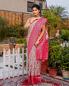 Banarasi Silk Saree Light Beige & Pink Color with contrast pallu and blouse - IndieHaat