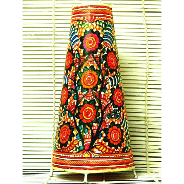 Indiehaat | Flower Kalamkari Handpainted Standing Round Leather Lamp | 17 Inch