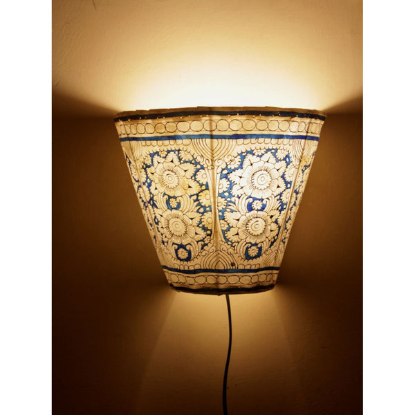 Indiehaat | Flower Kalamkari Handpainted Wall Mount Leather Lamp | 8.5 Inch