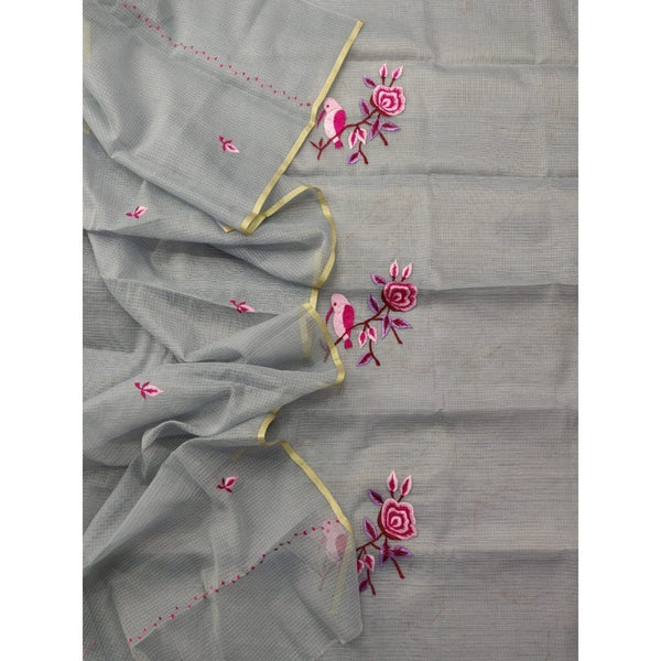 Kota Doria Gray Suit Material 2 Piece Embroidered (Only Top and Dupatta)-Indiehaat