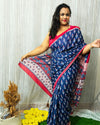 Mulmul Cotton Saree Royal Blue Color Handblock Printed with contrast blouse - IndieHaat