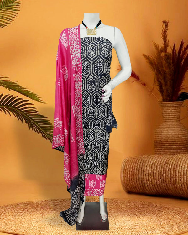 Katan Silk Suits Black Color Batik Print - IndieHaat