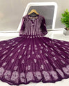 Georgette Anarkali Gown (56 kali) Dark Purple Color Chikankari work with inner - IndieHaat