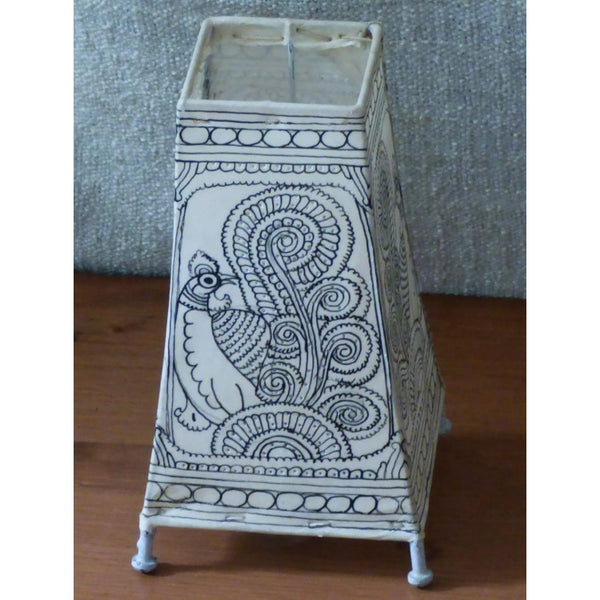 Indiehaat | Peacock Kalamkari Handpainted Standing Square Leather Lamp | 9 Inch