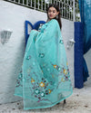 Kota Doria Suit (Top+Bottom+Dupatta) Aqua Blue Color Hand Painting with Stitch embroidery work - IndieHaat