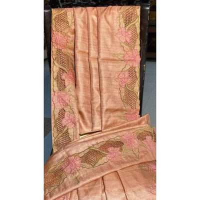 Silkmark Certifiied Pure Tussar Hand Cutwork Light Orange Saree (Tussar by Tussar Fabric)-Indiehaat
