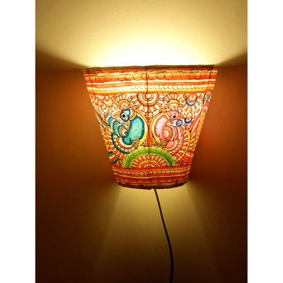 Indiehaat | Peacock Kalamkari Handpainted Wall Mount Leather Lamp | 5.5 Inch
