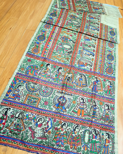 Silkmark Certified Pure Tussar Silk Saree Beige Color Full Body Handpainted with running blouse - IndieHaat