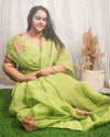 Kota Doria Pure Cotton Embroidered Saree Lime Green Color with blouse Handcrafted - IndieHaat