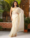 Pure Silk Kota Doria Saree Beige Color allover Hand Pitta work with running blouse - IndieHaat