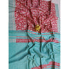 Silkmark Certified Tussar Silk Handloom Handblock Printed Red and Blue Saree with Blouse-Indiehaat