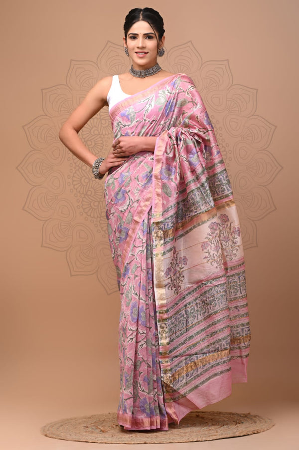 Pure Maheshwari Silk Saree Pink Hand block Printed-Indiehaat