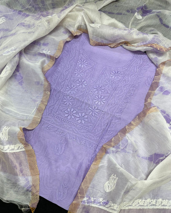 Pure Chanderi Silk Kurti Light Lavendar Color with heavy Chikankari work Dupatta - IndieHaat