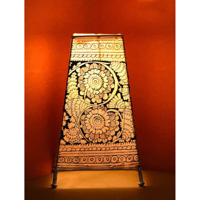 Indiehaat | Flower Kalamkari Handpainted Standing Square Leather Lamp | 9 Inch