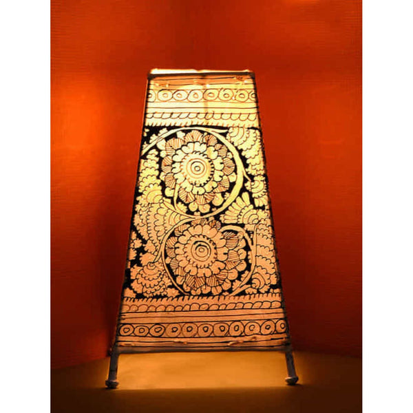 Indiehaat | Flower Kalamkari Handpainted Standing Square Leather Lamp | 9 Inch