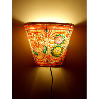 Indiehaat | Ganesha Kalamkari Handpainted Wall Mount Leather Lamp | 8.5 Inch