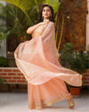 Pure Silk Kota Doria Saree Peach Color allover Hand Pitta work with running blouse - IndieHaat