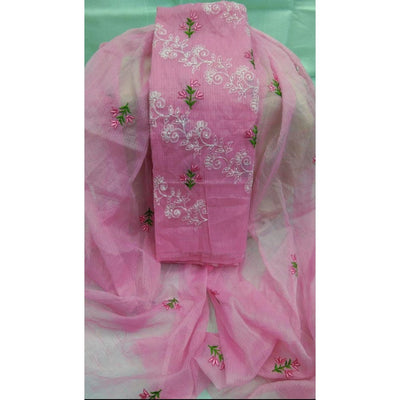 Kota Doria Pink Suit Material 2 Piece Embroidered (Only Top and Dupatta)-Indiehaat