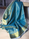 Hand Dyed Pure Tissue Linen Blue Color Saree With Running Blouse-Indiehaat