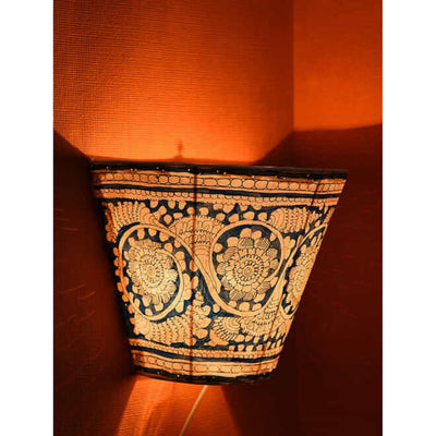 Indiehaat | Peacock Kalamkari Handpainted Wall Mount Leather Lamp | 8.5 Inch
