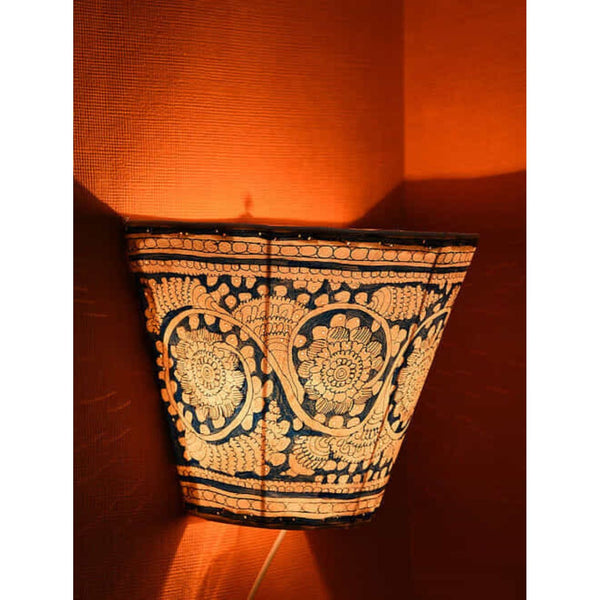 Indiehaat | Peacock Kalamkari Handpainted Wall Mount Leather Lamp | 8.5 Inch