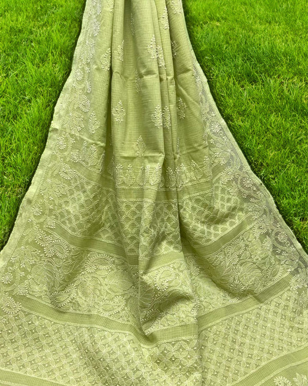 Kota Doria Saree Pastel Green Color Chikankari work without blouse - IndieHaat