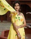 Organza Stitched Suit Yellow Color Hand painted - IndieHaat