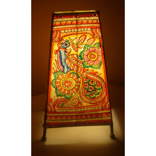 Indiehaat | Flower Kalamkari Handpainted Standing Square Leather Lamp | 9 Inch