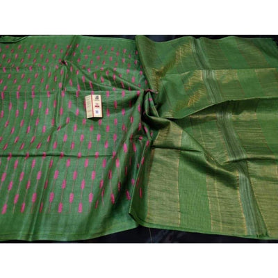 Eri Silk Embroidered Green Saree with Running Blouse-Indiehaat