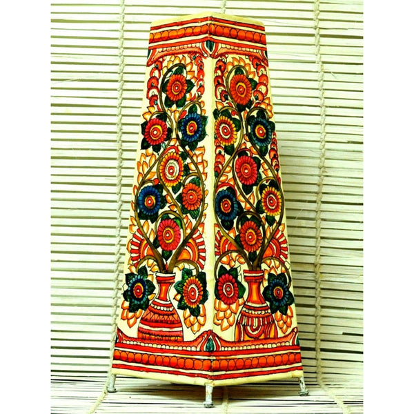 Indiehaat | Flower Kalamkari Handpainted Standing Square Leather Lamp | 17 Inch
