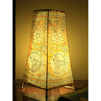 Indiehaat | Fish Kalamkari Handpainted Standing Square Leather Lamp | 13 Inch