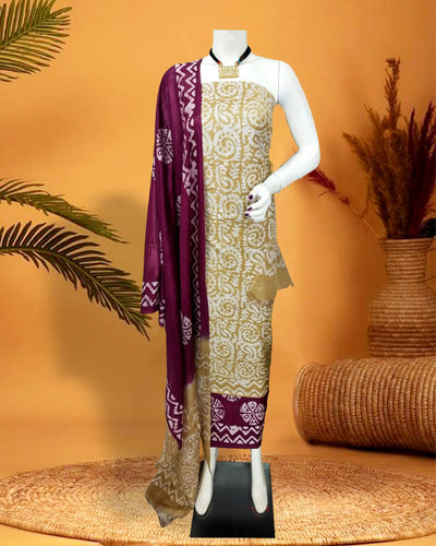 Katan Silk Suits Dark Khaki Brown Color Batik Print - IndieHaat