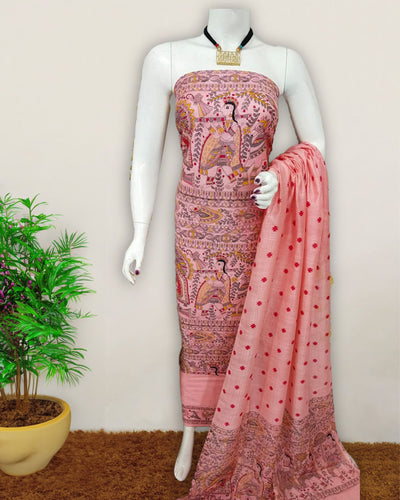 Katan Silk Suit Pale Rose Pink Color Madhubani Print - IndieHaat