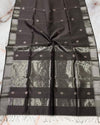 Pure Maheshwari Silk Saree Dark Gray Color Handloom Handwoven Single Design Zari Border with Flower Buti Pallu and contrast blouse - IndieHaat