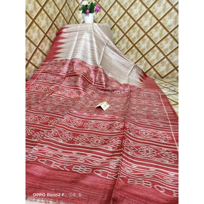 Silkmark Certified Tussar Silk Handloom Handblock Printed White Saree with Blouse-Indiehaat