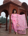 Kota Doria Suit (Top+Bottom+Dupatta) Pink Color Hand Painting with Stitch embroidery work - IndieHaat