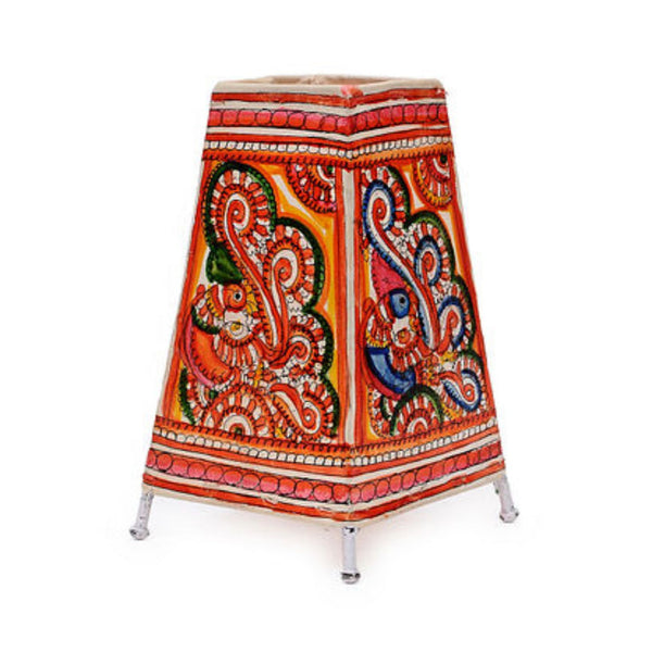 Indiehaat | Fish Kalamkari Handpainted Standing Square Leather Lamp | 9 Inch