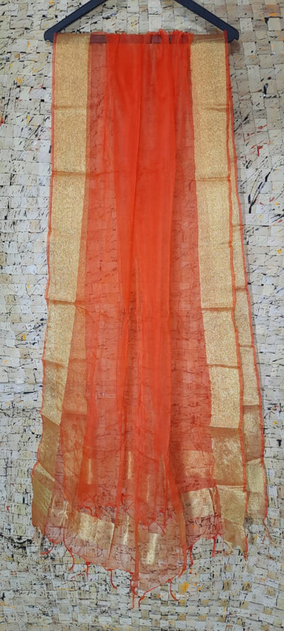 Hand Dyed Pure Organza Orange Dupatta-Indiehaat