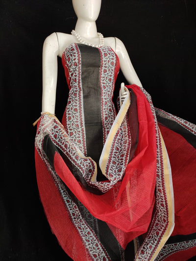 Kota Doria Black and Red Suit Material Handblock Printed with Zari Border Dupatta-Indiehaat