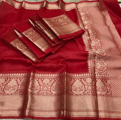 Silk Linen Weaving Design Jacquard Handloom Red Saree with Running Blouse-Indiehaat