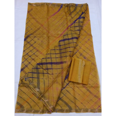 Pure Silk Kota Doria Mustard Yellow Saree with blouse Handcrafted-Indiehaat